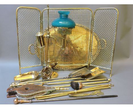##Copper and brassware, including spark guard, coal scuttle, cat oval tray, fire tools, student lamp, etc