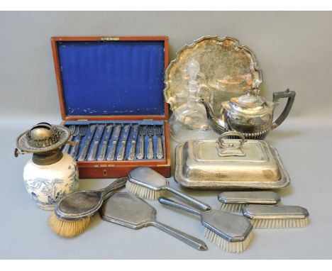 A silver plated turnover dish, salver, mahogany cased fish knives and forks, entrée dish, decanter and stopper, silver plated
