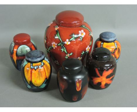 A large Poole Pottery Living Glaze jar and cover, 17cm high, and five further jars and covers, 11cm high