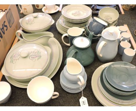 A Spode part dinner service, Moondrop pattern, a Poole part tea service, and a Wedgwood part coffee service with light blue g