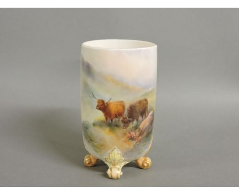 A Royal Worcester vase, painted with Highland cattle, signed H, cracked, 11.2cm high