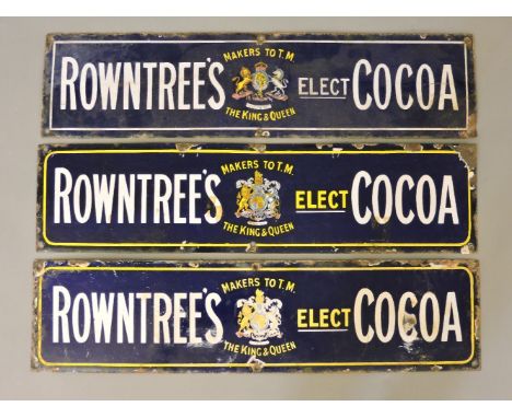 Three 'Rowntree's Cocoa' enamel tin signs, navy ground with yellow and blue writing