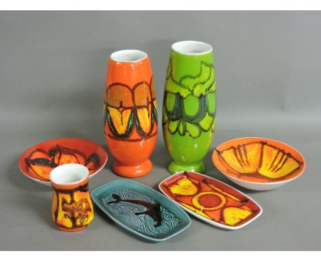 Two Poole Pottery Delphis vases, no 15, in lime green and orange, with decorator's monogram, 22cm and 23.5cm high, two shape 