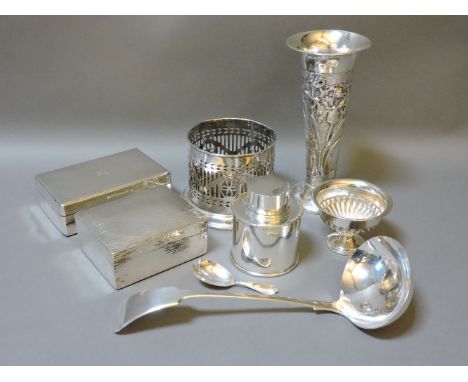 ##Silver items, two cigarette boxes, one by Mappin & Webb 1957 'Junior Carlton Club Golfing Society', a cylindrical tea caddy