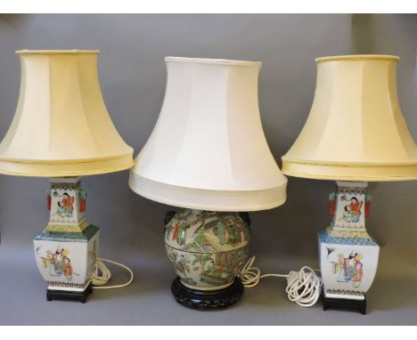 ##A pair of modern Chinese pottery vase table lamps, with yellow shades, and another vase lamp, tallest 67cm high