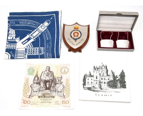 Gifts/souvenirs for Marjorie Dawson. Collection to include: small quantity of badges and buttons from Royal Household; cased 