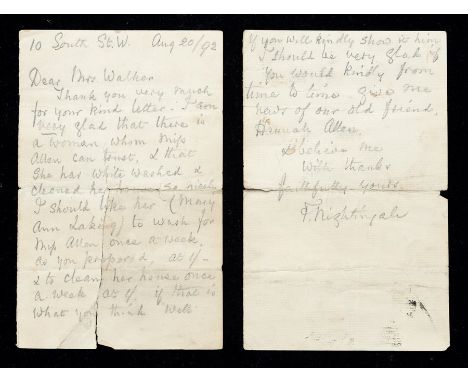 Florence Nightingale (1820-1910), founder of modern nursing, known as "The Lady with the Lamp". Original autograph letter in 