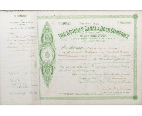 Share certificate for The Regent's Canal &amp; Dock Company, No. 954, Transfer No. 830, £36, for Florence Mildred, 5 December