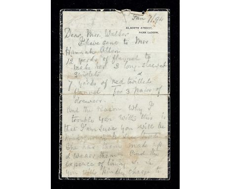 Florence Nightingale (1820-1910), founder of modern nursing, known as "The Lady with the Lamp". Original autograph letter in 