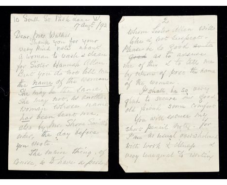 Florence Nightingale (1820-1910), founder of modern nursing, known as "The Lady with the Lamp". Original autograph letter in 
