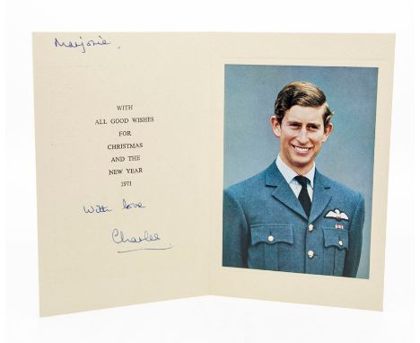 HRH Charles, Prince of Wales. Autograph Christmas card, 1971. Inscribed and signed in bold blue ink, 'Marjorie...with love Ch