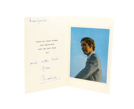 HRH Charles, Prince of Wales. Autograph Christmas card, 1970. Inscribed and signed in bold blue ink, 'Marjorie...and with lov