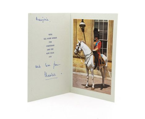 HRH Charles, Prince of Wales. Autograph Christmas card, 1975. Inscribed and signed in bold blue ink, 'Marjorie...and love fro