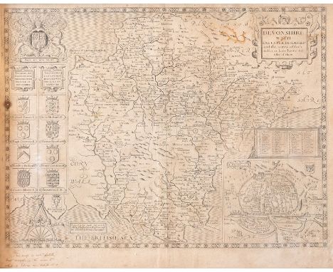 Speed, John. 17th-century map of Devonshire, uncoloured copper engraving on laid/chain-lined paper, published by Bassett &amp