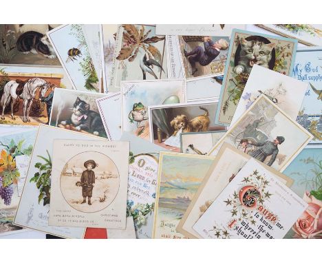 Collection of Victorian greetings cards, including birthday, Christmas, New Year, mostly chromolithographic designs depicting