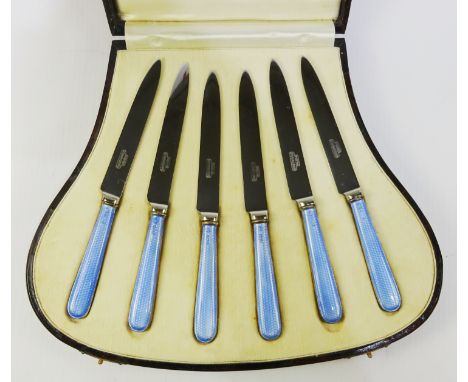 Set of six silver and enamel handle tea knives by Albert Carter Birmingham 1931 in original case   Condition Report   Click h