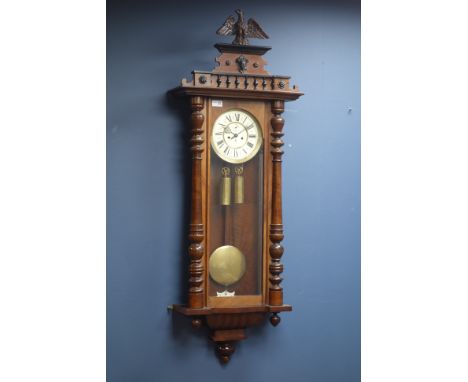 Large late 19th century walnut Vienna style wall clock, enamel dial with subsidiary seconds, twin train Gustav Becker movemen