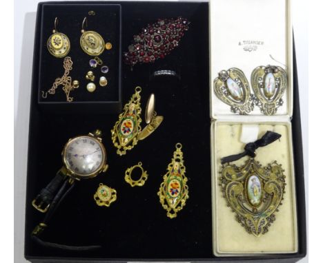 Victorian and later enamel and gold jewellery including 9ct rose gold wristwatch, gold stone set ring stamped 750, gold ear-r