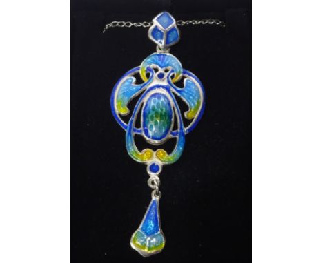 Silver and enamel Art Nouveau style pendant stamped on necklace chain    Condition Report   Click here for further images, co