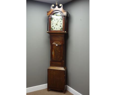 Early 19th century oak longcase clock, enamel dial painted with lake scene, 30-hour movement striking on bell, probably Kirkb