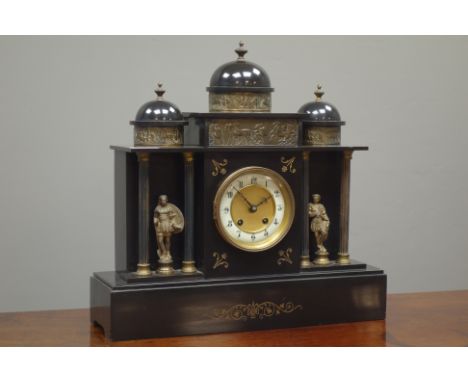 19th century black slate mantle clock, with embossed metal plates, striking the hours and half on coil, W43cm   Condition Rep
