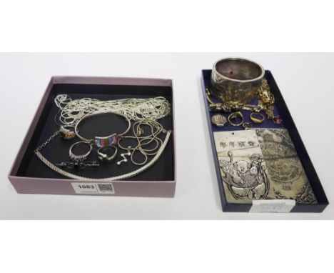 Collection of silver and costume jewellery including silver necklace pendants and chains, hinge bangle, dress rings and brooc