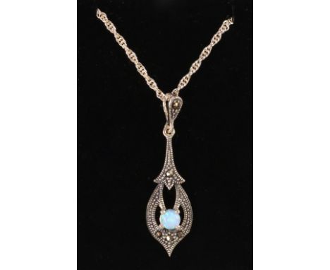 Silver opal and marcasite dress pendant necklace   Condition Report   Click here for further images, condition, auction times