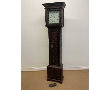 A carved oak longcase clock, with painted dial inscribed 'JNO Darke Barnstaple', and with thirty hour movement, height 201cm,