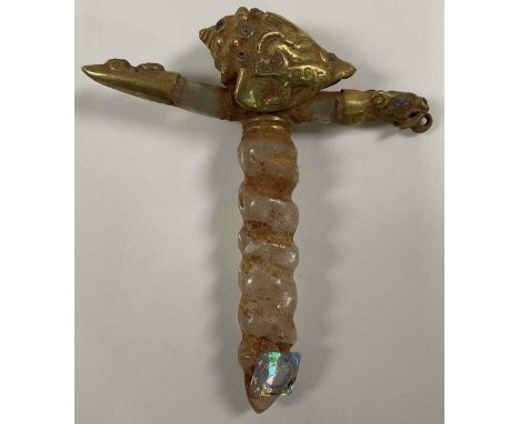 A South American Inca inspired wrythen twisted crystal sceptre, with yellow metal conch shell surmount and serpent head and t