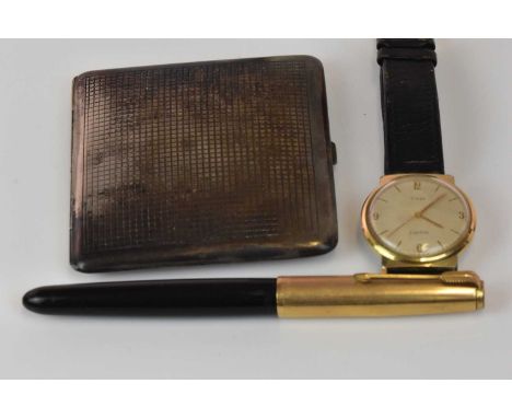 A vintage Parker fountain pen, a Timex electric vintage wristwatch and a hallmarked silver cigarette case inscribed 'Richard'