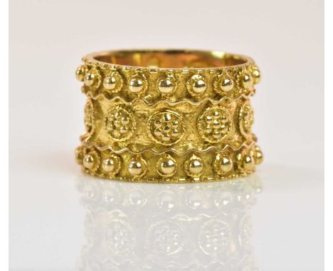 A broad textured 9ct yellow gold band ring, size P 1/2, approx 8.9g.