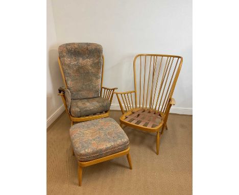 ERCOL; a pair of high back armchairs and matching footstool, height of chairs at the back 104cm.