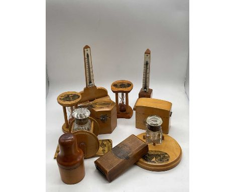 MAUCHLINE WARE; ten items including a novelty inkwell in the form of a fishing reel with twin views, 'Sir Walter Scott's Monu