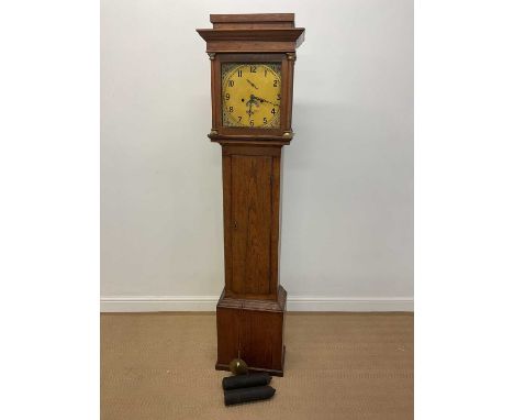 An oak longcase clock with modern repainted dial inscribed 'Wilke', height 187cm, sold with pendulum and two weights.