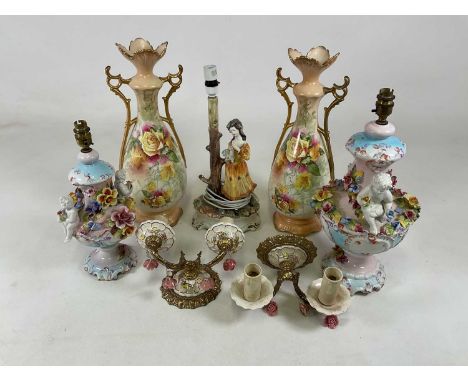 A pair of ceramic vases, height 49cm, lamp bases, wall lamps and a figure table lamp.