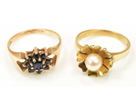 A 9ct yellow gold flower head ring centred with a cultured pearl, size M 1/2, approx 3.06g, and a further 9ct yellow gold rin