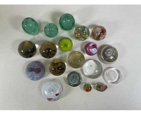 Nineteen glass and ceramic paperweights of various forms, three depicting various animals and stamped WM TEACHER &amp; SONS L