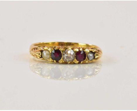 A 22ct yellow gold diamond, garnet and pearl five stone ring, size N, approx 3.7g.