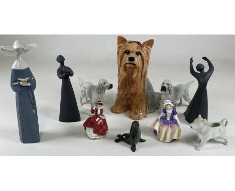 BESWICK AND ROYAL DOULTON; ceramic figures to include Beswick Terrier, Royal Doulton figure, Goebel sealion salt shaker and o