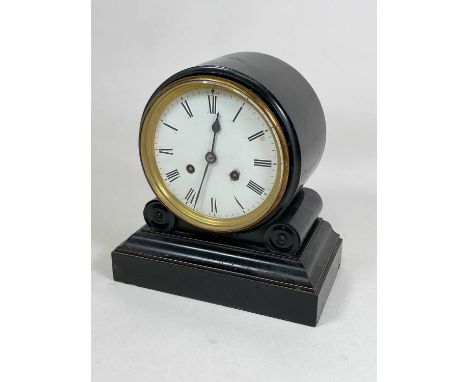 A black bakelite simulated slate French mantel clock, with Roman numerals to the white enamel dial and eight day movement sig