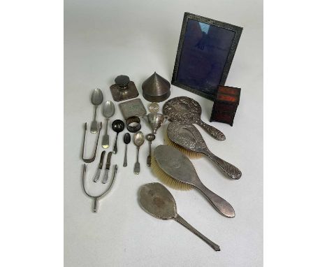 A quantity of various silver including a photograph frame, inkwell, dressing table items, spoons etc, several white metal pie
