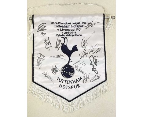 TOTTENHAM HOTSPUR; a multi-signed pennant from the UEFA Champions League Final vs Liverpool 2019, signatures including Kane, 
