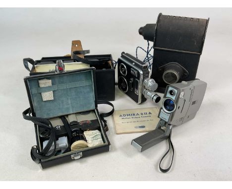ADMIRA; a 1950s 811A motion picture camera (uncased), and a cased Sankyo cine camera, a cased Minoltina 8 camera and a magic 