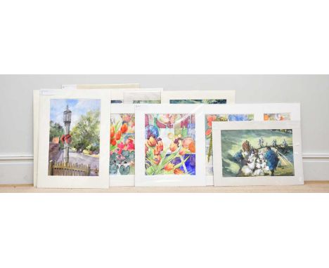 † JUNE BEVAN; a collection of eleven watercolours including 'Lamp Post with Poppies', 'Interior with Fruit', 'White Tableclot