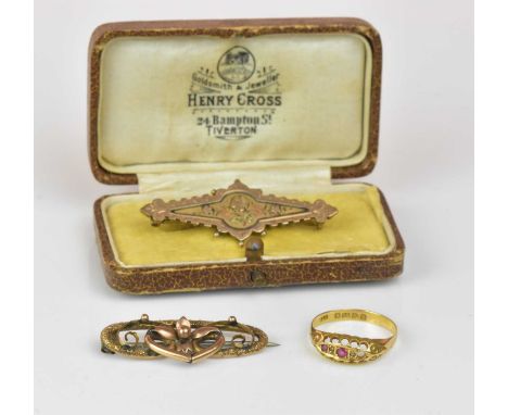 Two 9ct yellow gold brooches, combined approx 5.24g (both with base metal pins, one af), also an 18ct yellow gold ring, size 