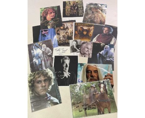 THE LORD OF THE RINGS; sixteen signed colour photo images and a separate signed paper relating to The Lord of the Rings trilo