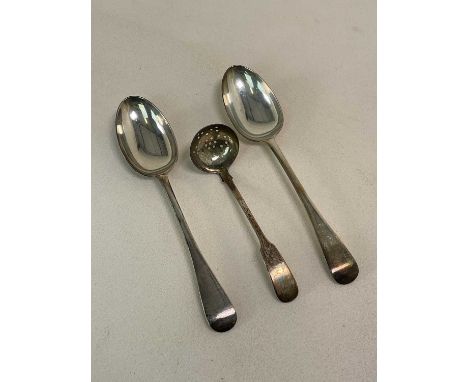 ANDREW DAVIDSON OF ARBROATH; a circa 1820-1830 and later pierced ladle, also a pair of late Victorian hallmarked silver table