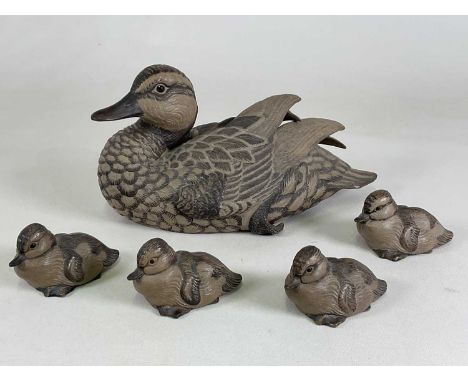 BARBARA LINLEY-ADAMS for POOLE POTTERY; a limited edition mallard, 136 of 1,000, height 19.5cm, width 38cm, together with fou