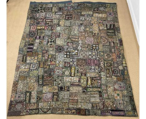 An Indian Jaipur patchwork and embroidered tapestry wall hanging, 237 x 137cm.Condition Report: This item has age wear and te