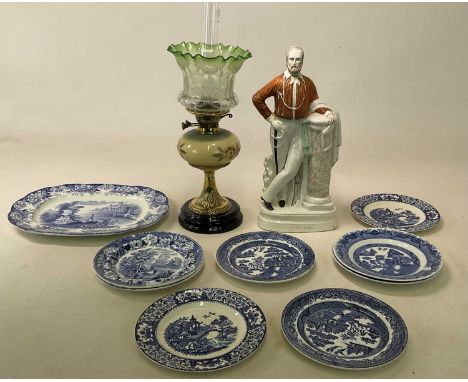 A Staffordshire flatback figure of Garibaldi, height 48cm, together with a small quantity of blue and white plates and an oil